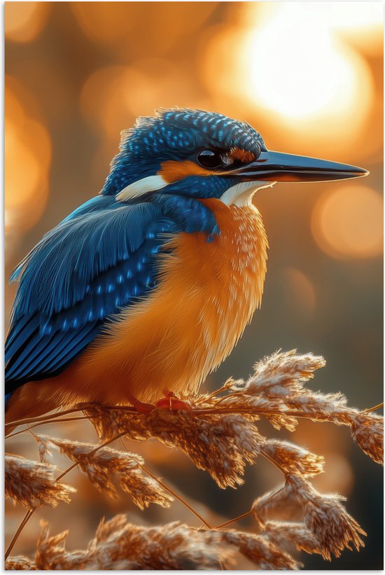 Een ijsvogel met helderblauwe en oranje veren zit op een herfsttak, met een zachte, oranje gloed van de zon.