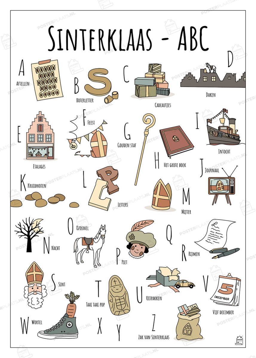 ABC Poster Sinterklaas - 50 x 70 cm - Educatieve Letterposter met Handgetekende Illustraties - Kinderkamer & Wanddecoratie - Woondecoratie - Relatiegeschenk