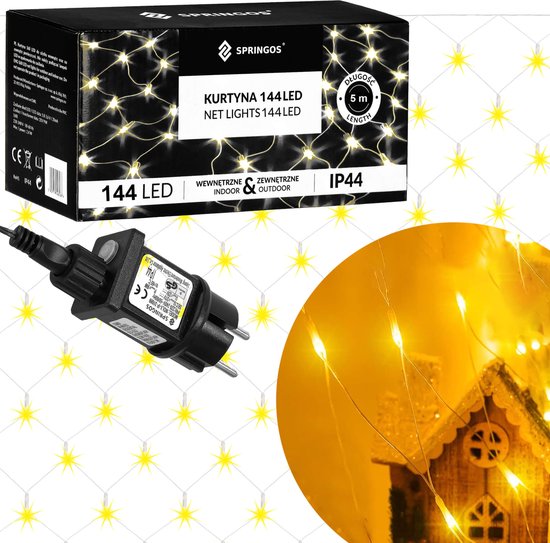 Springos Lichtgordijn | IJspegel Verlichting | Inclusief USB En Afstandsbediening | 144 LED | Warm Wit | Raster