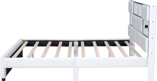 Merax Lit Double Queensize 160x200 cm avec Siècle des Lumières LED Orientable et Connexion USB - Lit avec Compartiments de rangement dans la Tête de Lit - Beige