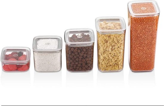 Foto: Voorraaddozen set van 5 muesli bulkdoos en vershouddozen kunststof voorraaddozen luchtdicht rijst pasta zout meel suiker opbergdozen huis keukenorganisatie voorraadbussen