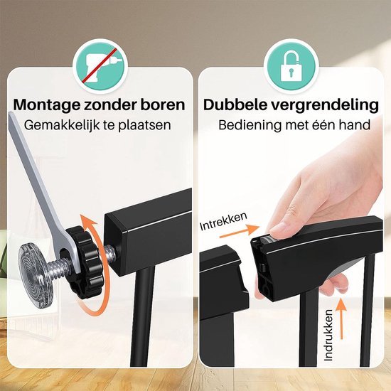 Illustratie van montage zonder boren met een moersleutel en van dubbele vergrendeling die met één hand wordt bediend.