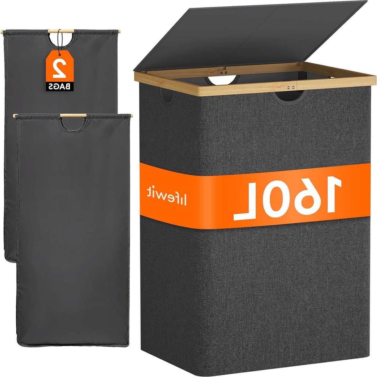 Wasmand Opvouwbare 160 l Bamboe Wasverzamelaar 2 Vakken Afneembare Waszak Handgrepen Wasbox Laundry Baskets Voor Bijkeuken Slaapkamer Zwart