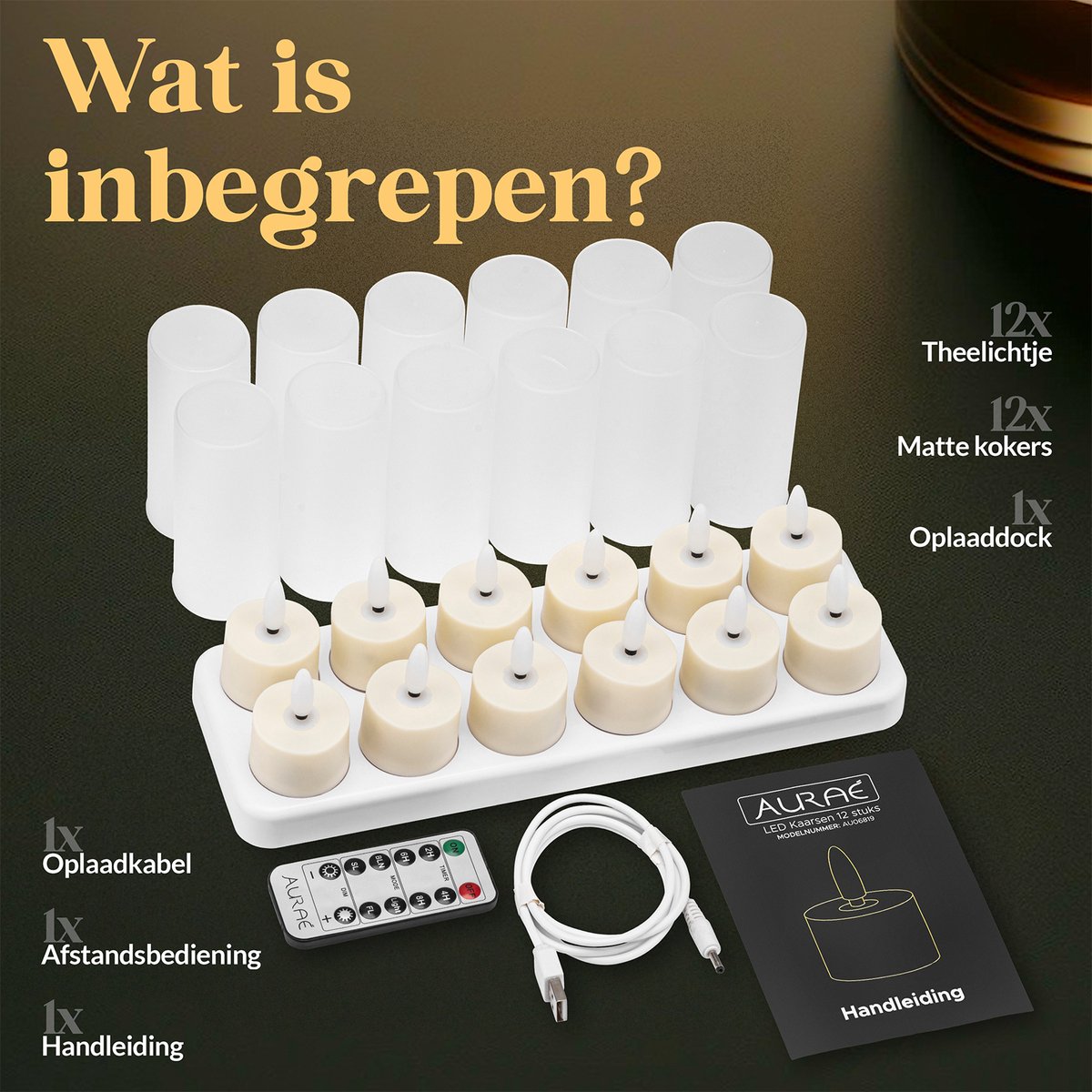 Aurae Oplaadbare Waxinelichtjes 12x - Theelichtjes Oplaadbaar - 60+ Branduren - Led Kaarsen met Afstandsbediening - Flikkerende Vlam - met Lader - Kerst Kaarsen — cadeau in Wonen & Interieur - foto 7
