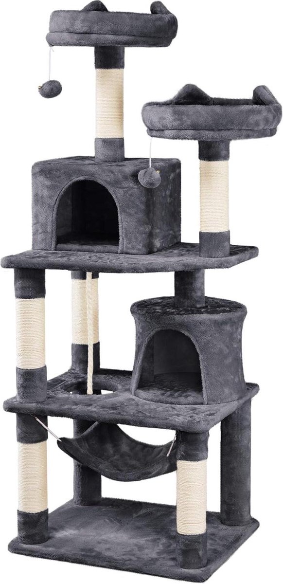 Stabiele klimboom voor katten met 2 huisjes – hangmat – pluche krabpaal