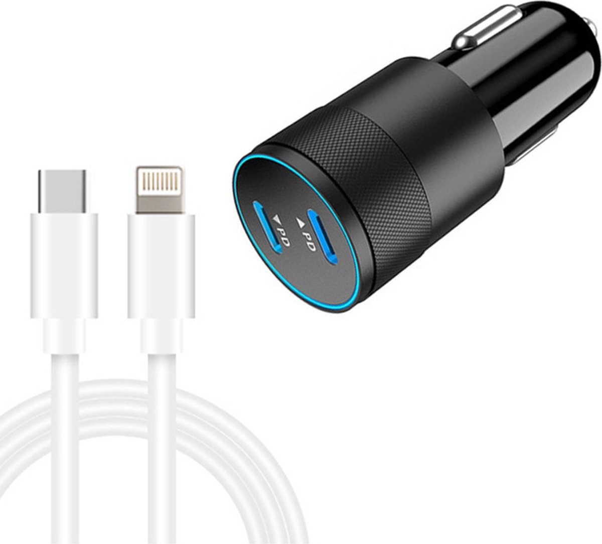 Autolader met 2X USB-C Poort 40W Snellader + 8-Pin kabel geschikt voor iPhone en iPad- Auto telefoon oplader - sigarettenaansteker - universeel - zwart