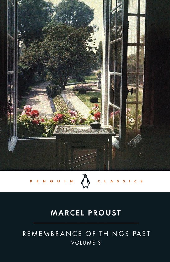 Boek kaft van 'Remembrance of Things Past - Volume 3' door Marcel Proust. Een open raam kijkt uit op een weelderige tuin met bloemen.