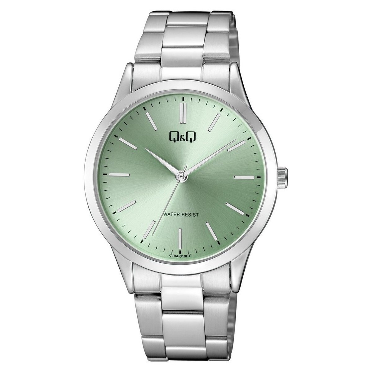 QQ C10A-018PY - Horloge - Analoog - Dames - Vrouwen - stalen band - Rond - Metaal - Cijfers - Zilverkleurig - Lichtgroen