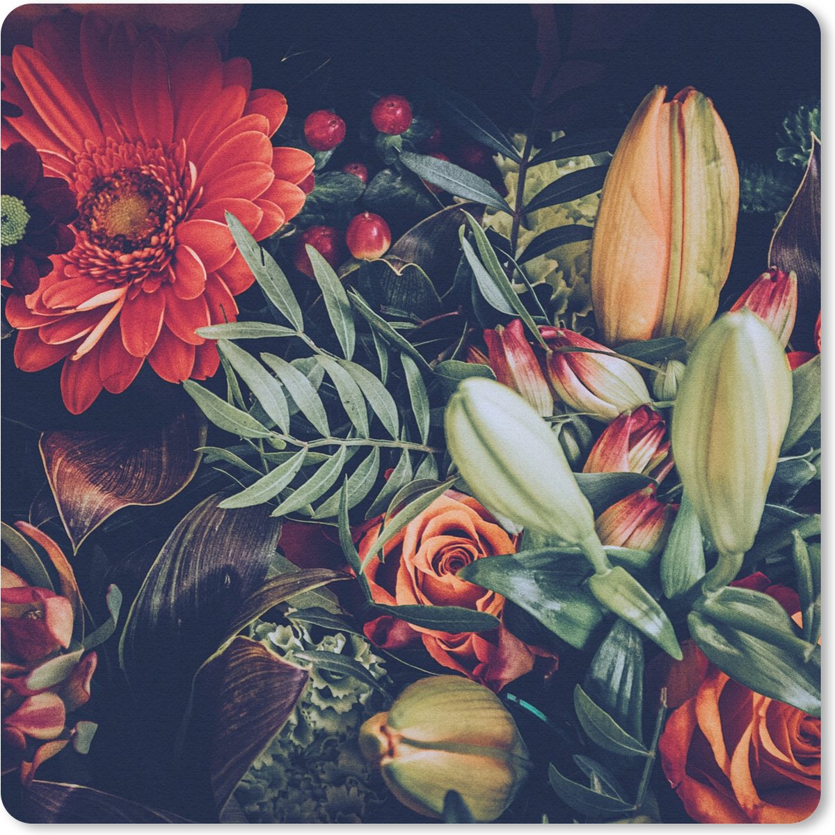 Muismat 20x20 cm - Mousepad Boeket - Stilleven - Bloemen - Planten - Rood - Muismatten
