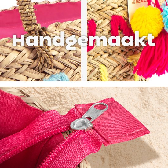 Joyeux acheteur/sac de plage fait à la main en roseau tressé avec fermeture éclair - jonc de mer naturel - sac à provisions d’été