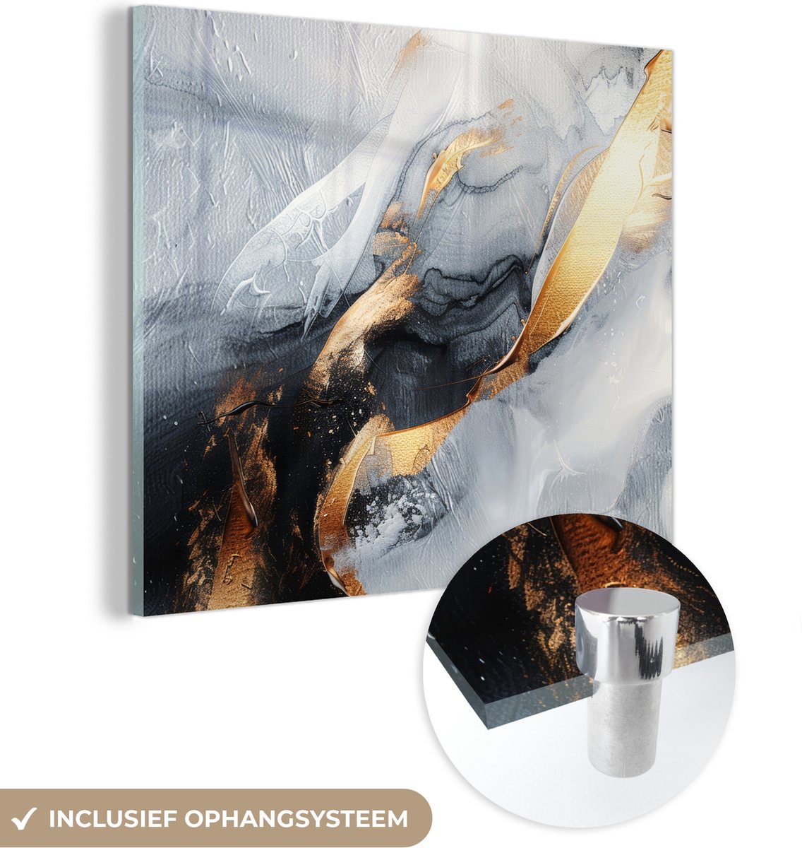 MuchoWow® Glasschilderij 20x20 cm - Schilderij acrylglas - Abstract - Goud - Verf - Aesthe