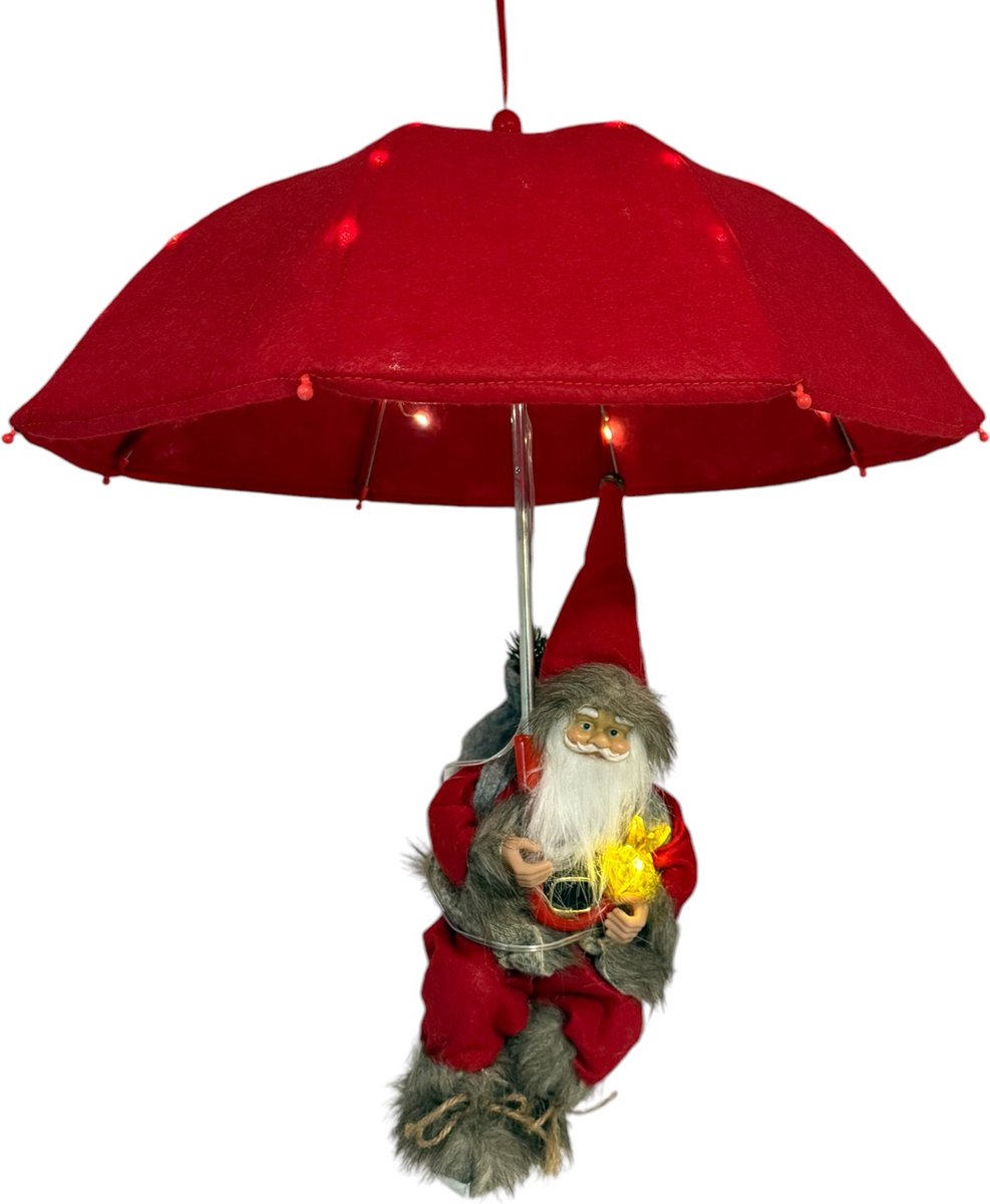 Santabrella kersthanger kerstman met Led verlichting - H60 x D50 cm - Rood / Grijs