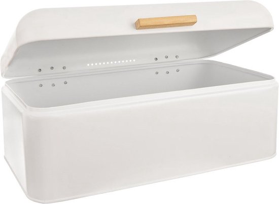 Boîte à pain métallique blanche avec poignée en bois, couvercle ouvert vers le haut.