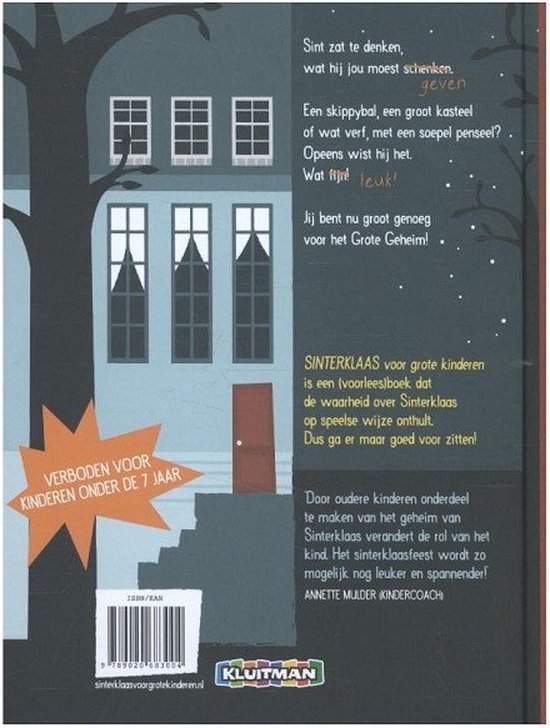 De achterkant van een kinderboek met teksten en informatie over Sinterklaas. Een huis met ramen, een deur en een boom.