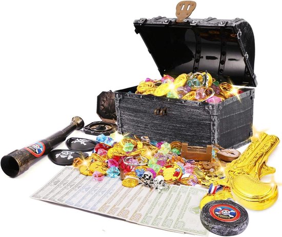 Talrijke Gouden Munten Stroomden Uit De Schatkist Oude Shabby Open Piraten Kist Met Goud 112317085