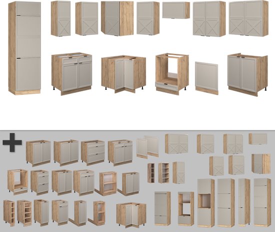 Vicco Fame- Line Cuisine d'angle - 227 x 287 cm, LV Chêne Grijs/ beige / chêne doré, LV Chêne