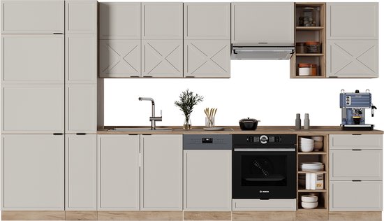 Cuisine complète Vicco Fame- Line – 355 cm, chêne Grijs/beige/doré