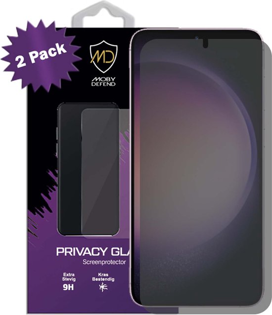2-pack Moby Defend privacy glass screenprotector voor Samsung Galaxy S23 in verpakking.