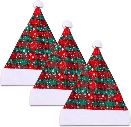 Q2P - Bonnet de Père Noël - Flocons de Neige - Adultes - Enfant - Costumes de Noël - Décorations de Noël - Taille Unique - Vert - Rouge - 3 Pièces