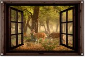 Tuinposter 90x60 cm - Tuindecoratie Herten - Bos - Herfst - Bosdieren - Natuur - Hert - Doorkijk - Poster voor in de tuin - Buiten decoratie - Schutting tuinschilderij - Tuindoek muurdecoratie - Wanddecoratie balkondoek