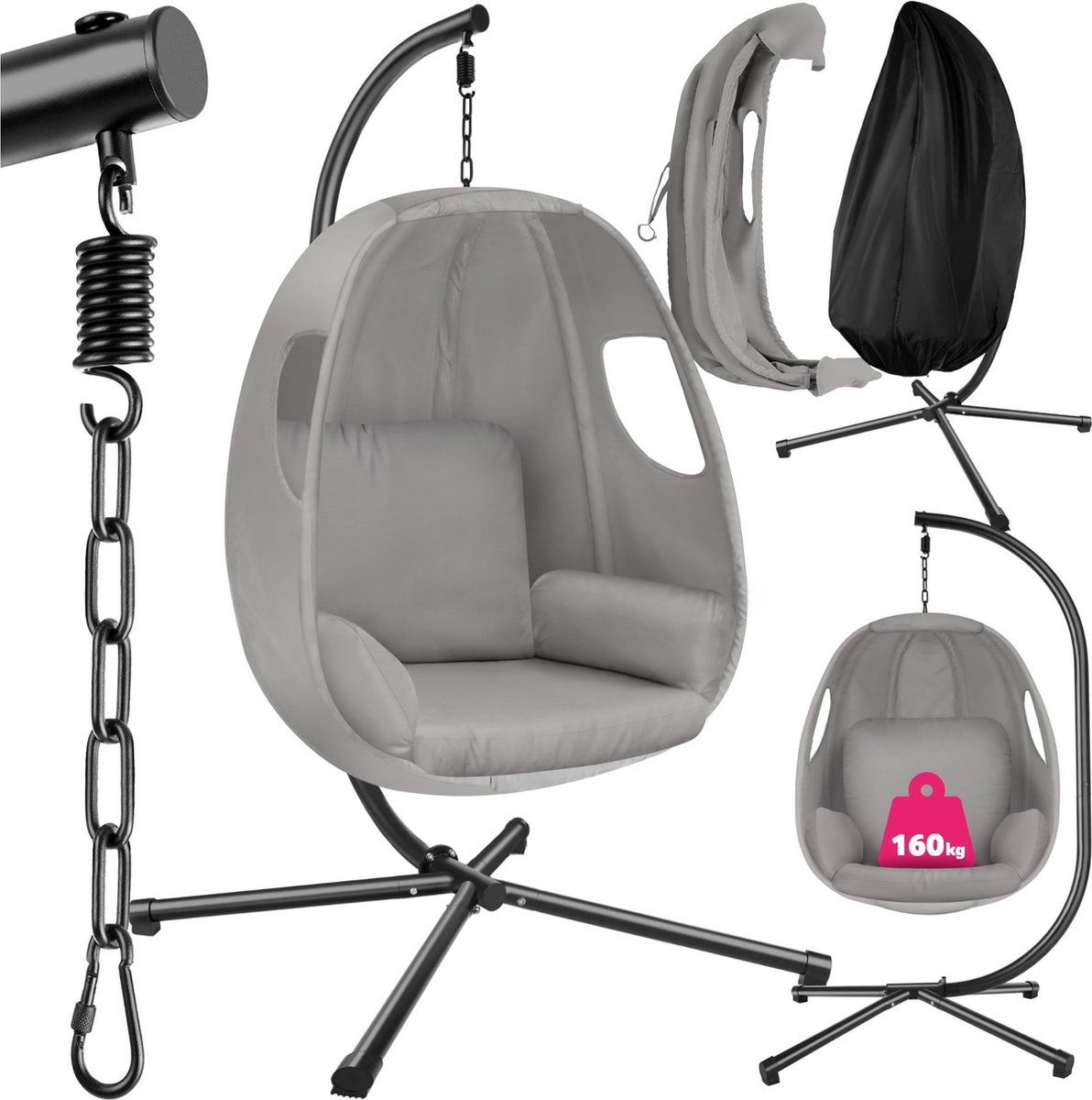 Bol.com tectake® Hangstoel met frame - Schommelstoel met kussen + rugkussen - Meubels voor woonkamer of slaapkamer - Balkonmeubi... aanbieding