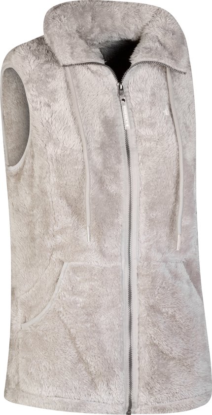 Beige fleece bodywarmer voor dames, open aan de zijkanten met rits en capuchon.