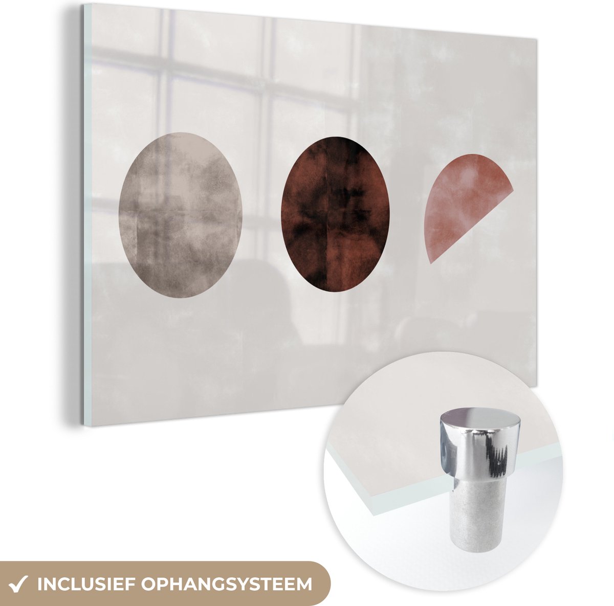 MuchoWow® Glasschilderij 60x40 cm - Schilderij acrylglas - Vormen - Verf - Bruin - Abstract - Foto op glas - Muurdecoratie woonkamer - Wanddecoratie slaapkamer - Schilderijen