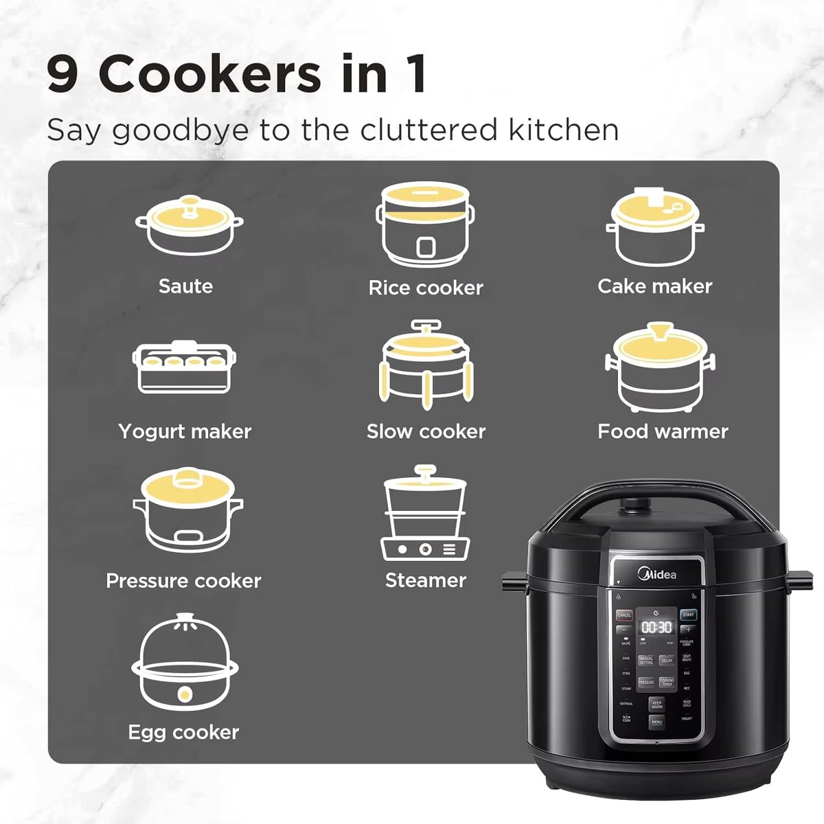 Afbeelding 3 van 9-in-1 Snelkookpan - Elektrische Snelkookpan - Met 12 Programma´s - Instant Multi Cooker - Rijst - Vlees - Stoofschotels - Soep - Bouillon - Cake - Bonen en Havermout - Zwart
