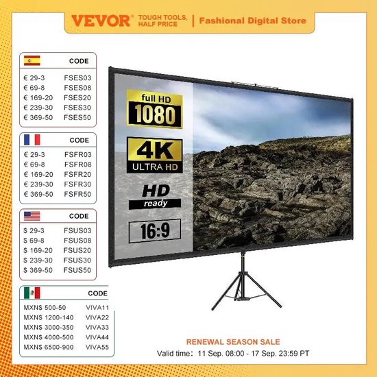 PropVue Beamerscherm met standaard 100 inch - projectorscherm voor binnen en buiten voor film- en kantoorpresentaties - 16:9 HD premium kreukbestendige schermstandaard met draagtas en vaste riem
