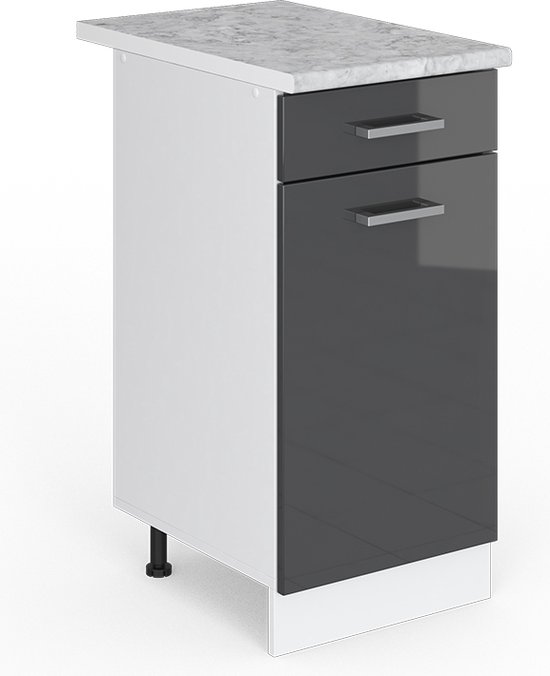Vicco Élément bas universel R- Line, Anthracite brillant/ Wit, 40 cm avec tiroir, avec plan de travail