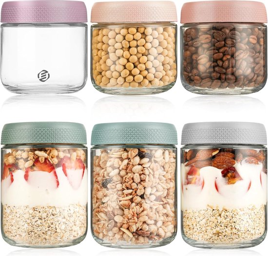 CNKHDZ 6 Stuks Overnight Oats Pot,Rood 300ml Overnight havermoutpotten,inmaakpotten met schroefdeksel,voor Overnight Oats Saladepotten Yoghurtpudding Chutney Jam Herbruikbare Glazen Potten