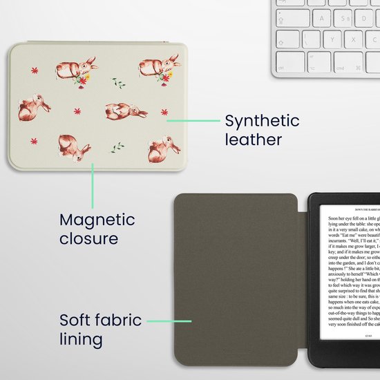 kwmobile e-reader hoesje geschikt voor Kobo Clara BW / Colour hoes - E reader flip case met magnetische sluiting - Ereader cover - Konijntjes en Bloemen design in wit / bruin / grijsgroen van Merkloos — afbeelding 3