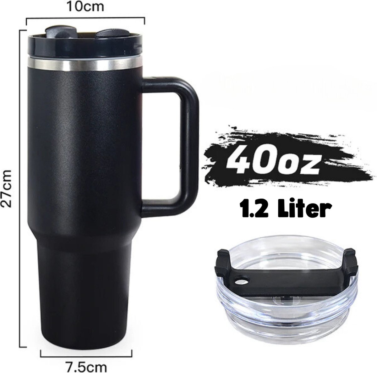 Opulfy - Thermosbeker - Zwart - 1.2 Liter - Travel Mug - Koffiebekers To Go - Thermosfles - Thermoskan - Koffiebeker - Drinkfles