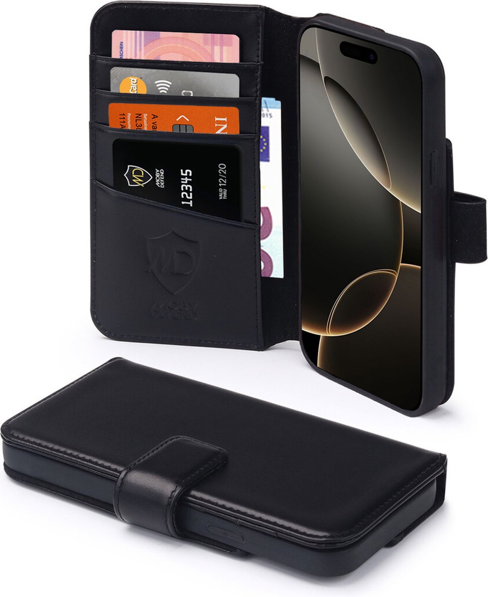 MobyDefend Hoesje - Geschikt voor iPhone 16 Pro - Luxe Leren Wallet Bookcase - Zwart