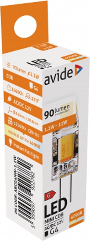 Avide® Mini Lampe LED COB G4 1.2W 4000K 100lm 12V - Blanc Wit