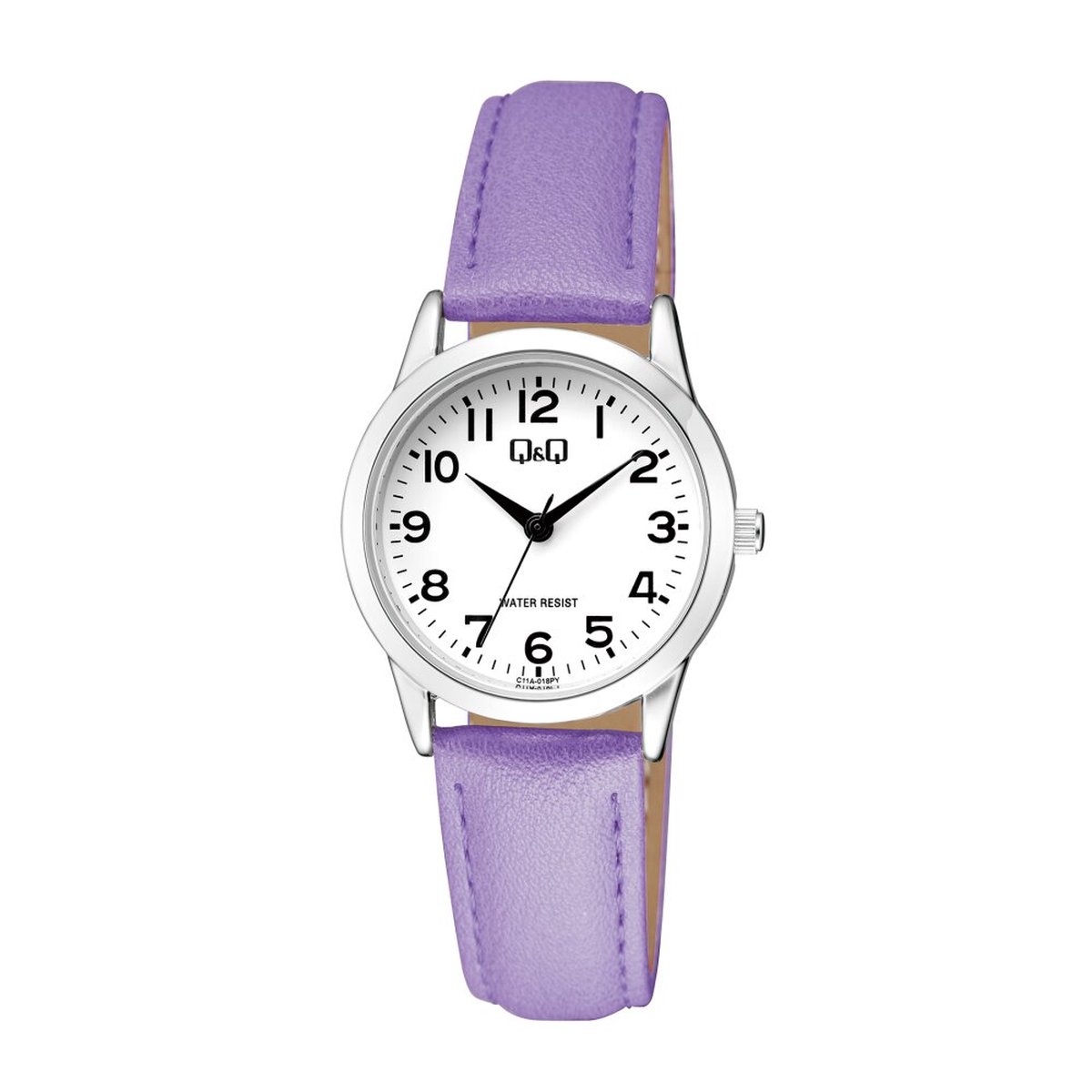 QQ C11A-018PY - Horloge - Analoog - Vrouwen - Dames - Leren band - Rond - Metaal - Cijfers - Paars - Zilverkleurig - Wit - 3 ATM