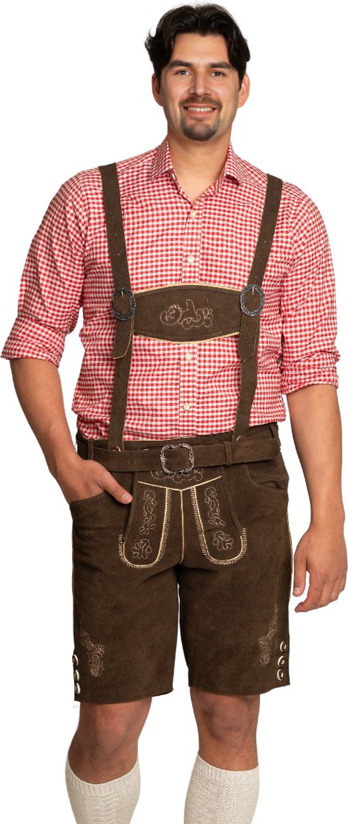 Tannhauser Oktoberfest Lederhose Friedrich met Riem en Bretels Kort 100% Echt leder Oktoberfest Heren Carnavalskleding Heren Lederhosen Man Lederhose man - Leer - Donkerbruin - L/52