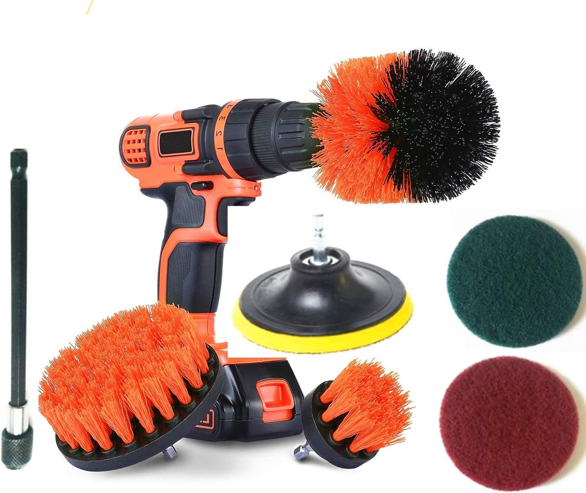 Goedkoopste HTML Boorborstel Heavy Duty Stijve Borstelharen - 6 Inch Verleng- en Schrobbpads - Reinigingsset - Zwembadtegels - Vloeren - Baksteen - Keramiek - Voegmortel schrobber met steel