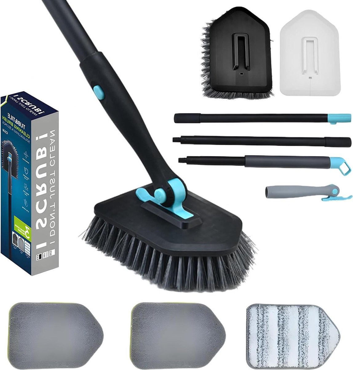 Goedkoopste 3-in-1 Reinigingsborstel voor Badkamer - Intrekbare Schuurborstel met Lange Handgreep 128 cm - 4 Verwisselbare Borstels - 180 graden Draaibaar - Vloerreiniging schrobber met steel