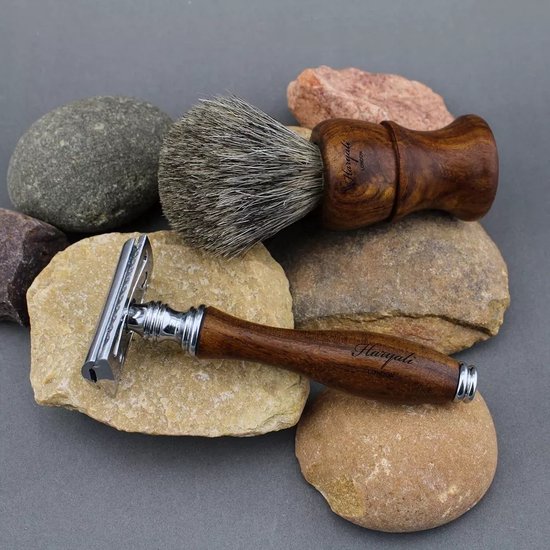 Scheerset voor mannen-DE-veiligheidsscheermes, scheerkwast en scheerstandaard, 3-delige houten scheerset voor mannen Scheren thuis en in de salon
