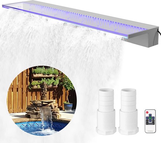 Mygroot - Waterval fontijn - 30cm - Rvs Waterval - Zwembad - Fontein Rechthoekige - Zwembad Fontein Cascade Cascadeblad met Connector - Slang Klem - PTFE-tape