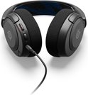 Zwarte gaming headset met blauwe strepen op de hoofdband, volumeknop en microfoon mute-knop.