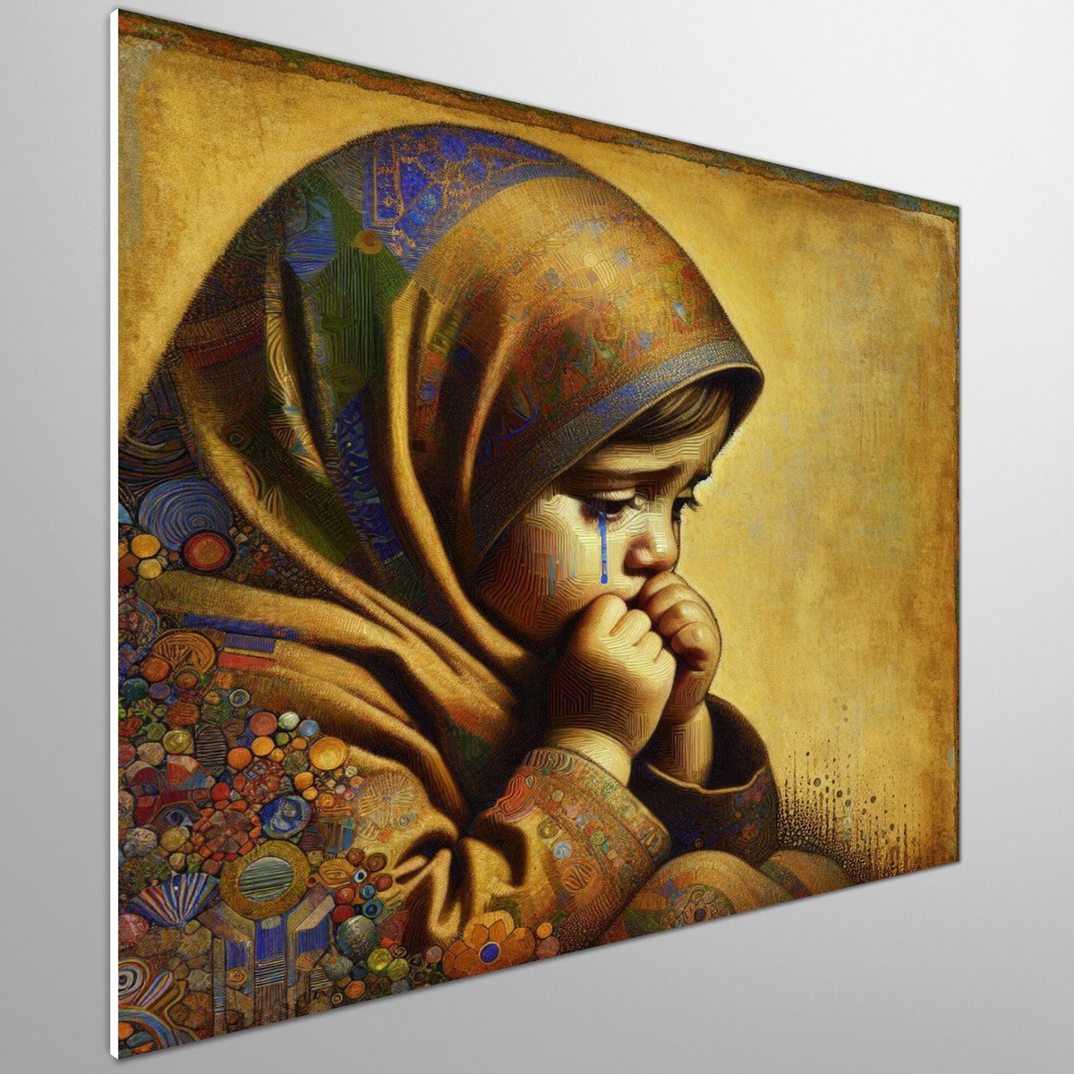 Olieverf huilend kind schilderij | Tranen van onschuld: het ontroerende portret van een huilend kind | Kunst - 100x100 centimeter op Forex | Foto op Forex