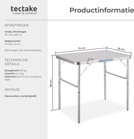 tectake® Campingtafel opvouwbaar - Draagbare kampeertafel - Vouwtafel buiten - Inklapbare tafel - Weerbestendig - Div. afmetingen 75x55x68cm - Grijs van Merkloos — afbeelding 2