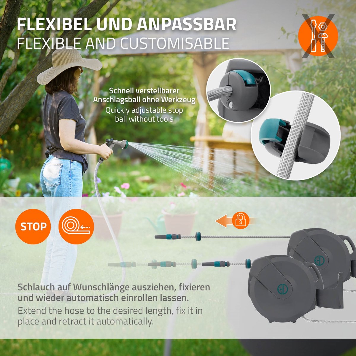 ECD Germany rollup tuinslanghaspel 20m+2m muurgemonteerde slanghouder met automatisch oprolmechanisme vergrendelingssysteem 9 sproeifuncties 180° zwenkbaar waterslangbox voor wandbevestiging ideaal voor tuin en terrasonderhoud – foto 8