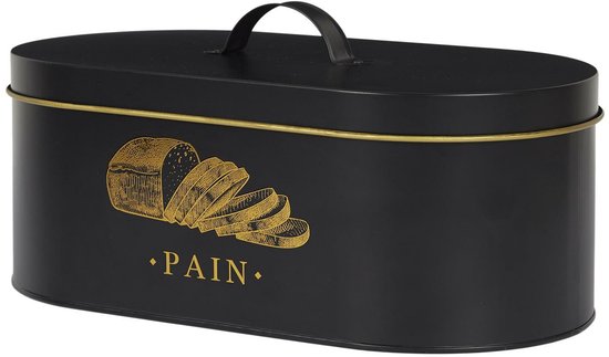 Boîte à pain noire avec bordure dorée et poignée, avec motif de pain.