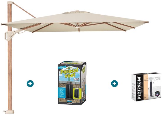 Parasol Platinum Challenger Premium T2 3,5x2,6 m. - Teck Champagne - avec base encastrée et housse