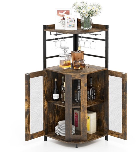 SureDeal® - Meuble bar d'angle industriel avec portes grillagées, étagère réglable et système anti-basculement - 130 cm - Marron rustique