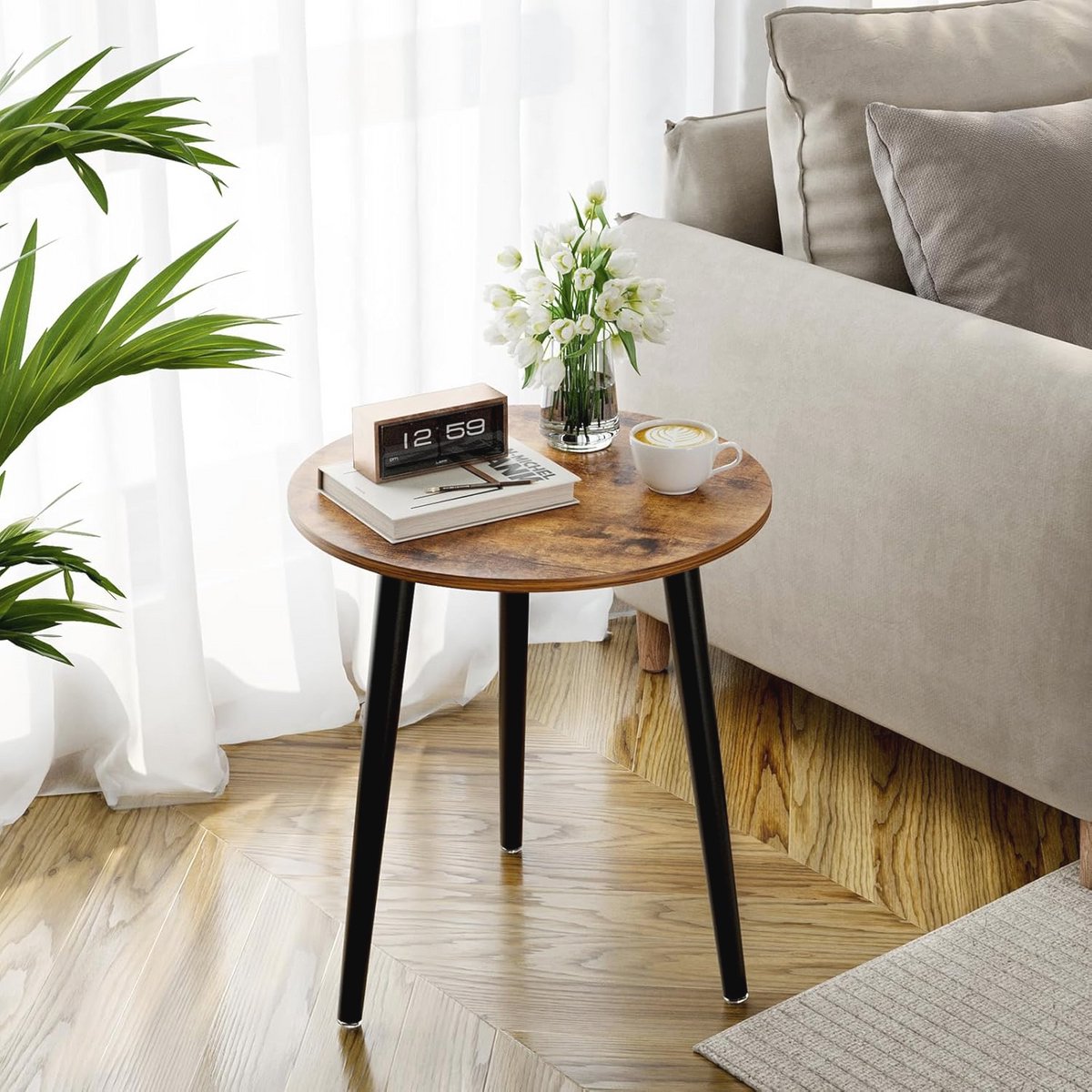 Ronde Bijzettafel Hout - Scandinavische Stijl, Vintage Bruin, 42 x 42 x 51 cm - Ideaal voor Woonkamer, Slaapkamer, Balkon