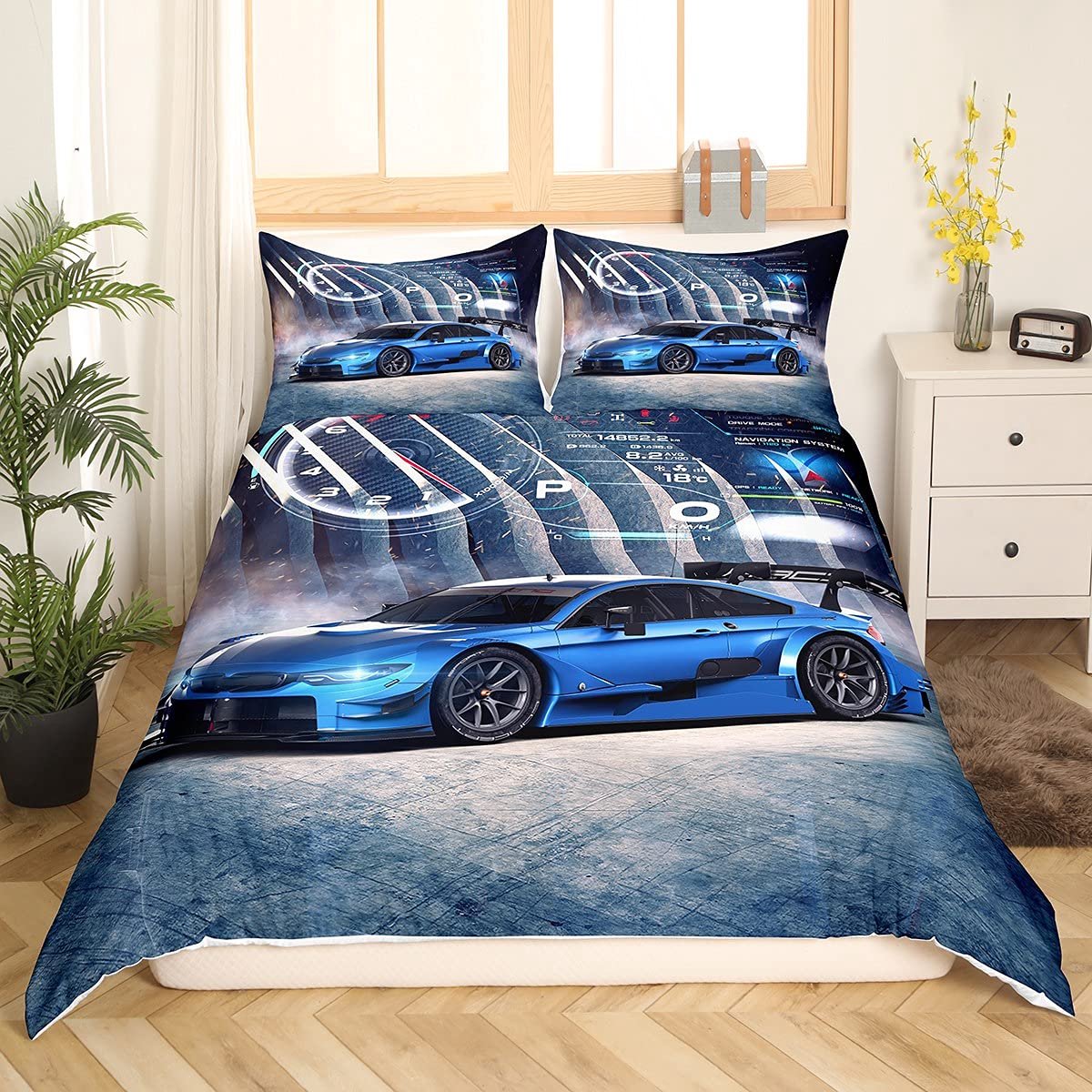 Unyqoos Raceauto Slaapkamer Beddengoedset voor Jongens met 3D Print in Blauw en Grijs, 155 x 220 cm kleur 30